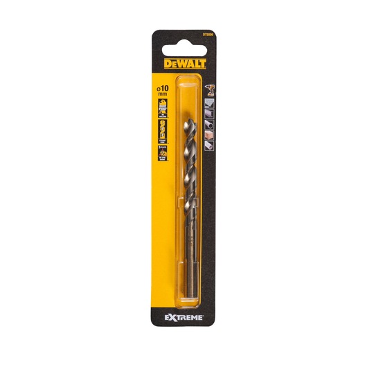 Packaged DEWALT Extreme drill bit, 10 mm size, in black and yellow cardboard blister packaging.