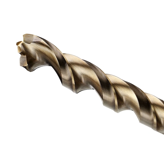 Close-up of a DEWALT drill bit with a spiral flute design, showing the cutting tip and metallic finish.