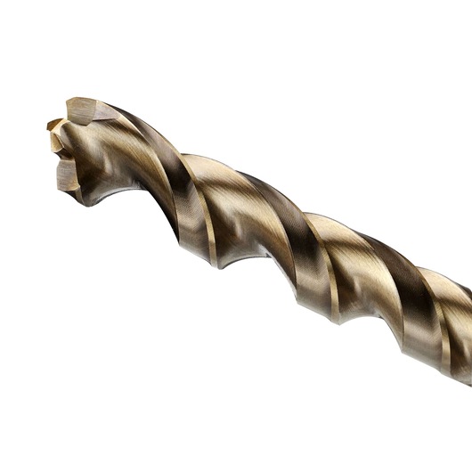Close-up of a metallic DEWALT drill bit with spiral flutes, photographed against a white background.