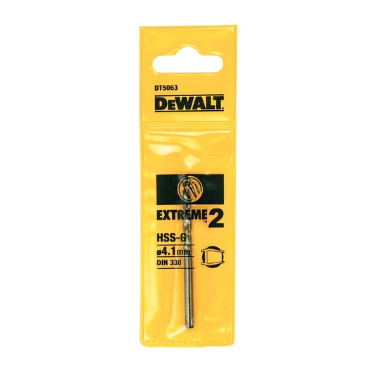 DEWALT DT5063 Extreme 2 HSS-G drill bit, 4.1mm, in yellow retail packaging.