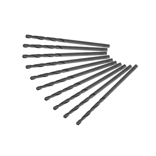 Set of ten DEWALT metal drill bits arranged in a fan shape on a white background.