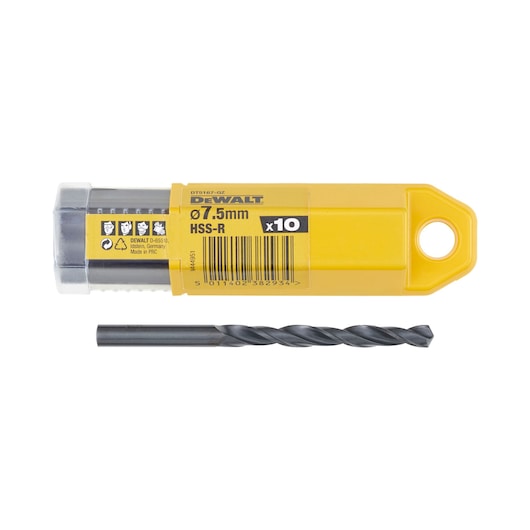 DEWALT DT5167 7.5mm HSS-R drill bit set in yellow box, with one drill bit displayed below the packaging.