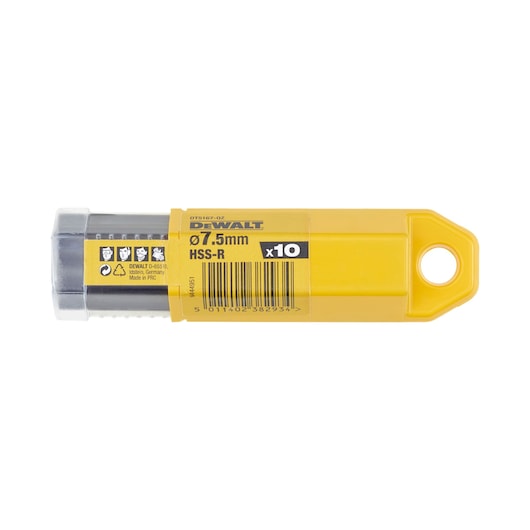 DEWALT DT5167 7.5mm HSS-R drill bits pack in yellow plastic case; contains 10 bits.