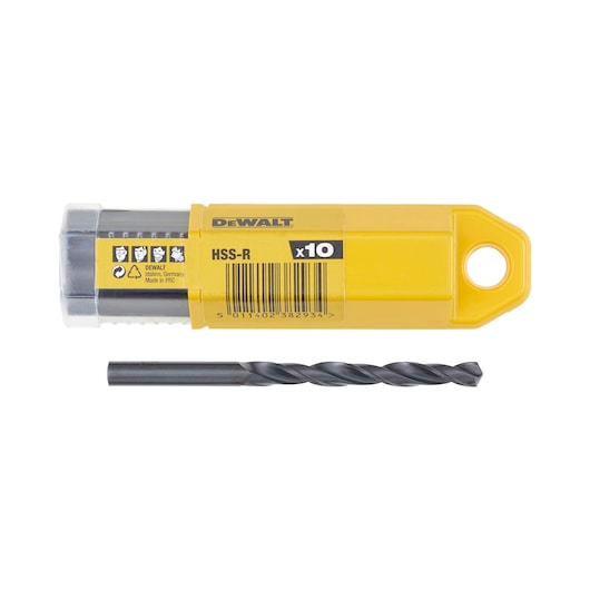 DEWALT DT5172 HSS-R drill bit with yellow plastic case and one drill bit displayed below.
