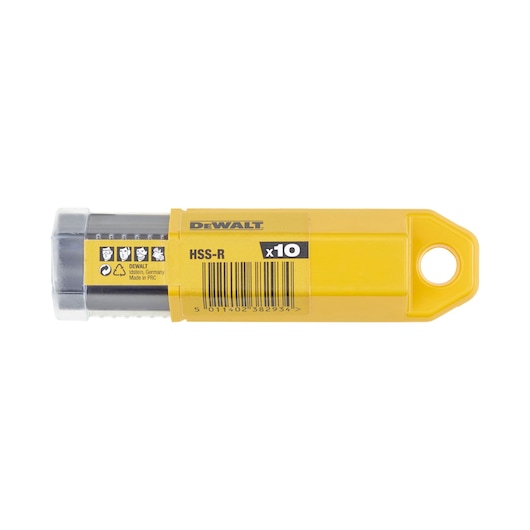 DEWALT DT5182 HSS-R drill bit pack, yellow container, holds 10 pieces, barcode visible.