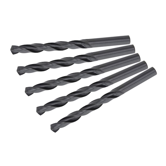 Five black twist drill bits are laid out diagonally side by side on a white background.