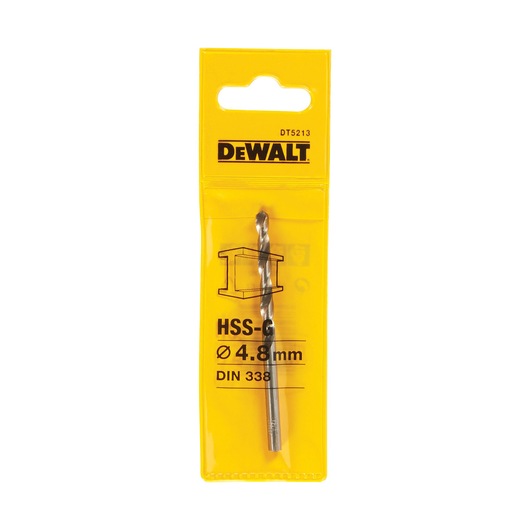 DEWALT DT5213 HSS-G 4.8mm drill bit in yellow packaging, used for metal drilling.