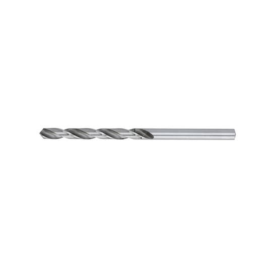 A single silver metal drill bit with a straight shank shown on a white background.