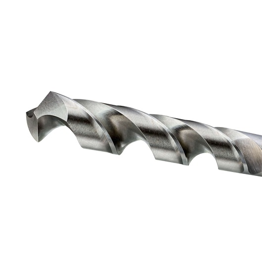 Close-up of a metallic spiral drill bit with sharp edges against a white background.