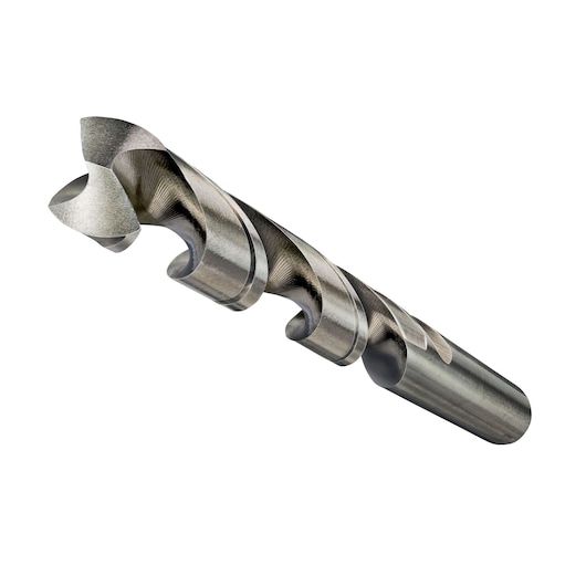 Close-up of a DEWALT metal drill bit, cylindrical shape with spiral flutes for boring holes.