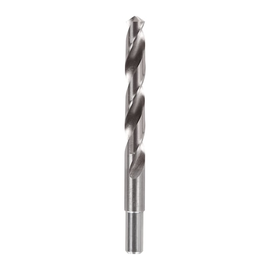 Metal drill bit with spiral flutes shown against a white background.