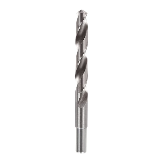 Metal drill bit with spiral flutes shown upright against a white background.