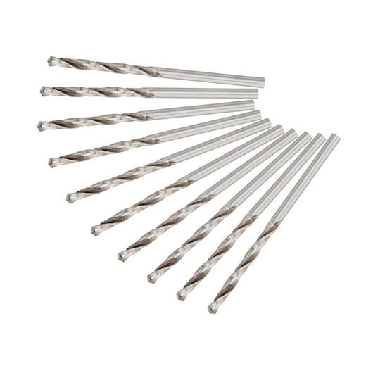 A set of ten metal drill bits arranged in a fan shape on a white background.