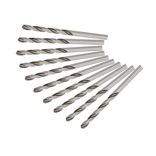 A set of ten silver metal drill bits arranged in a fan pattern on a white background.