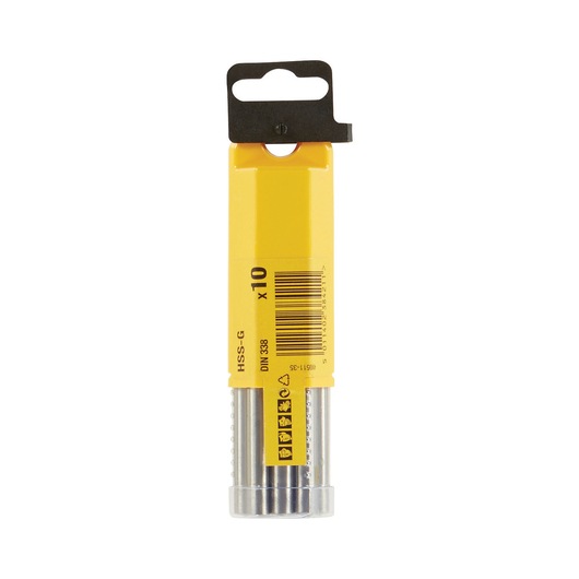 A DEWALT DT5342-QZ yellow plastic tube package containing 10 high speed steel (HSS-G) drill bits. The packaging features safety icons, a barcode, and a black hanging hook at the top.