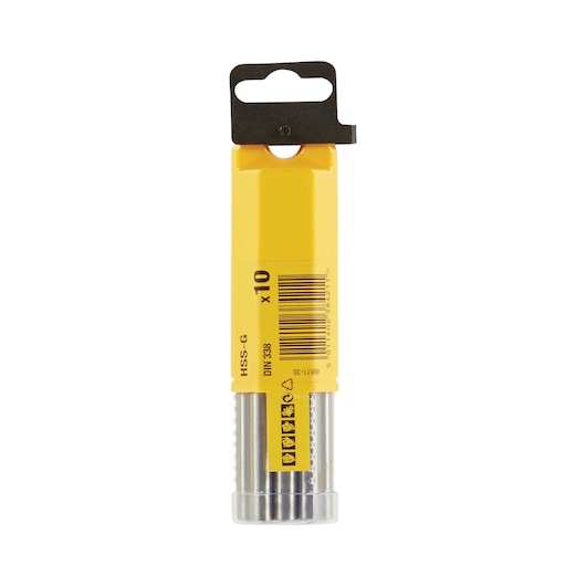 Yellow DEWALT DT5362 drill bit pack with barcode and hanging tab, cylindrical silver base.