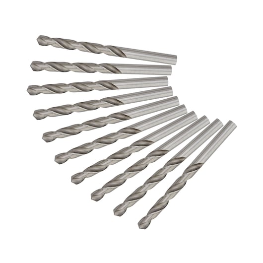 Set of ten silver metal drill bits arranged in a fan shape on a white background.