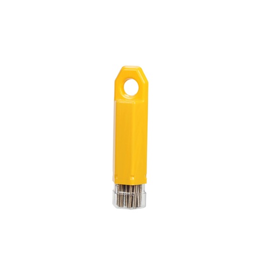 Yellow DEWALT drill bit holder with metal drill bits visible at the bottom, upright against a white background.