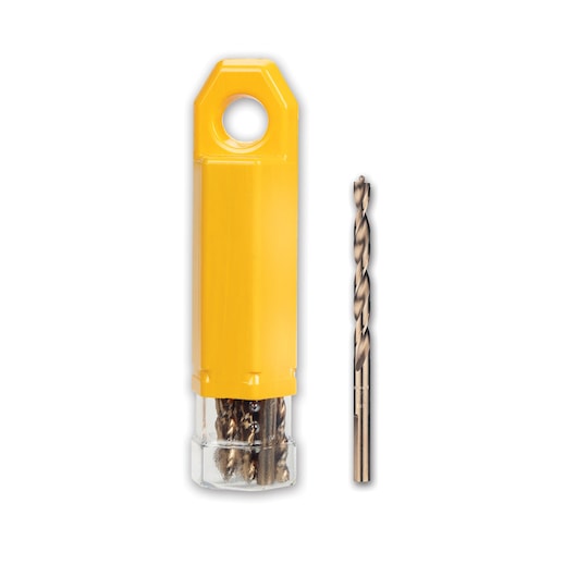 DEWALT drill bit set in yellow plastic case, one drill bit shown outside the case.