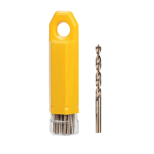DEWALT drill bit set in yellow plastic case, with one metal drill bit displayed next to the container.