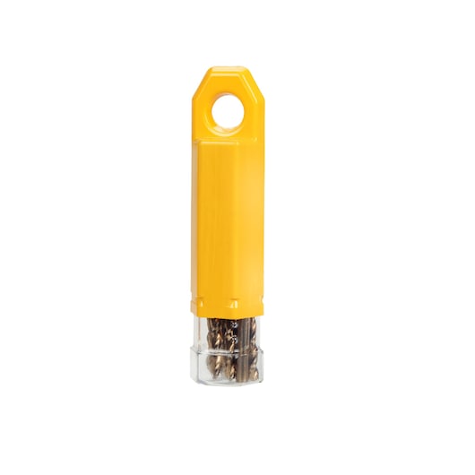 Yellow DEWALT drill bit set case with visible drill bits in transparent bottom section.