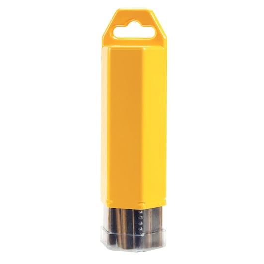 DEWALT DT5567 yellow plastic drill bit storage case with visible metal drill bits at the bottom.
