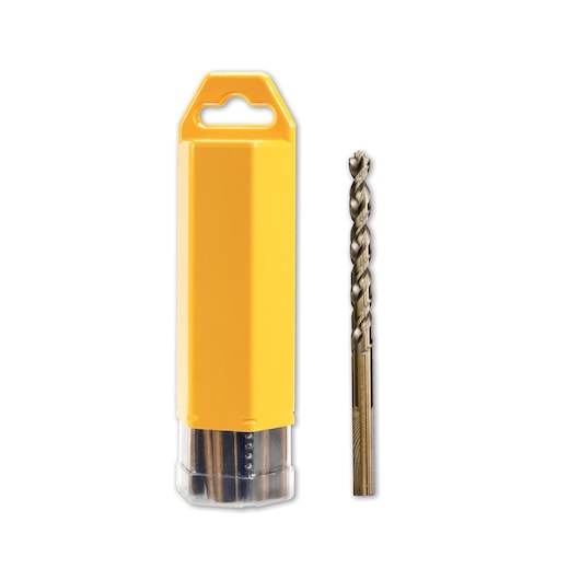 A DEWALT drill bit next to its yellow plastic storage case, both standing upright on a white background.