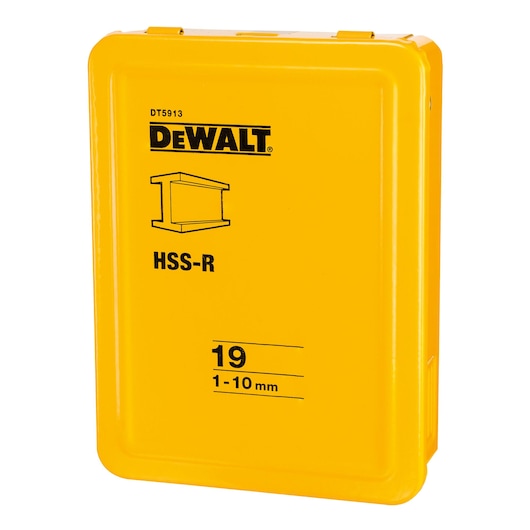 Yellow DEWALT metal case labeled DT5913, HSS-R, containing 19 drill bits sized 1-10 mm.