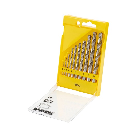 Yellow DEWALT box with ten metal drill bits in various sizes displayed in an open plastic case.