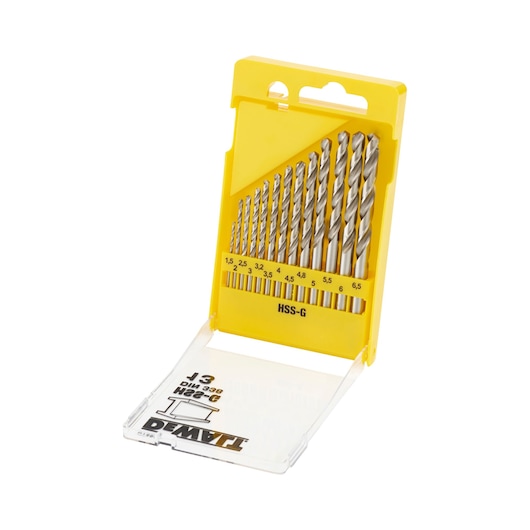 DEWALT drill bit set in yellow case, showing 13 metal bits of various sizes. Lid is open and labeled.