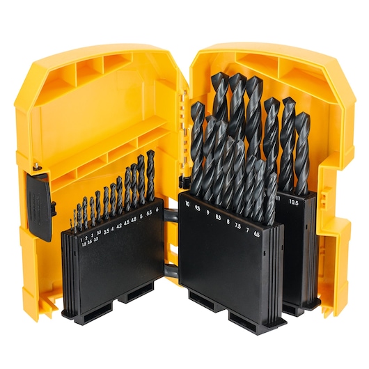 Yellow DEWALT case with assorted drill bits organized by size. Case is open, showing all bits and compartments.