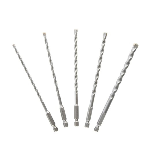 Set of five DEWALT hex shank masonry drill bits arranged in a fan shape on a white background.
