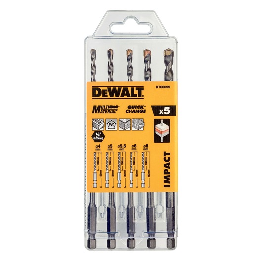 A pack of DEWALT DT60099 multi-material drill bits, containing five bits of various sizes. The packaging is clear plastic with a yellow label showing the DEWALT branding, icons for different materials (brick, tile, PVC, wood, metal), and information on the quick change and impact features.