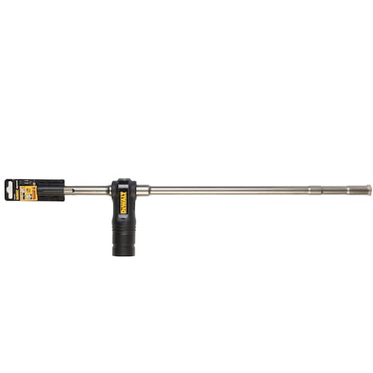 A DEWALT DT60232 long metal drill bit with a black plastic holder and product label attached on the left side, photographed against a white background.