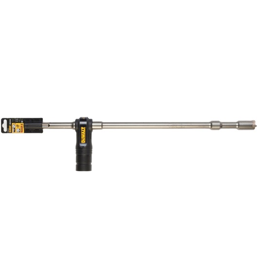 DEWALT drill attachment with a long metal shaft and black handle, used for masonry or concrete drilling.