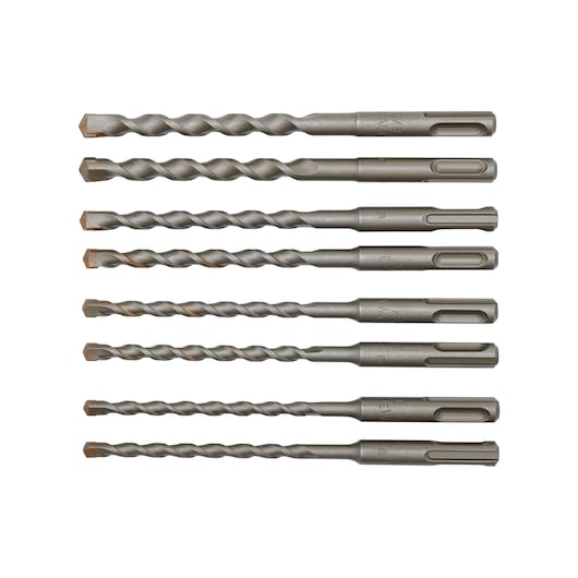 Eight SDS drill bits arranged in a row on a white background. The drill bits are metallic with spiral grooves and flat heads.