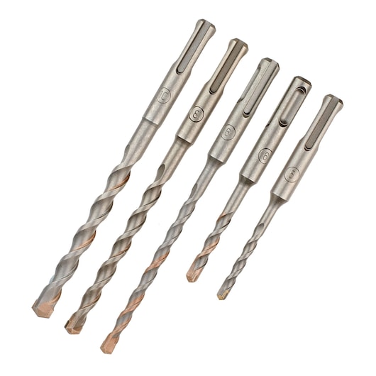 Five DEWALT masonry drill bits with different sizes, shown on a white background.