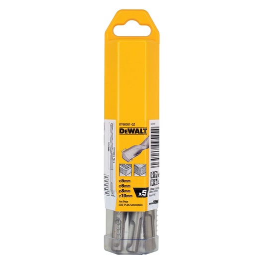 DEWALT DT60301 drill bit set in yellow plastic case. Sizes 5-10mm. SDS-PLUS connection. Pack of 5.