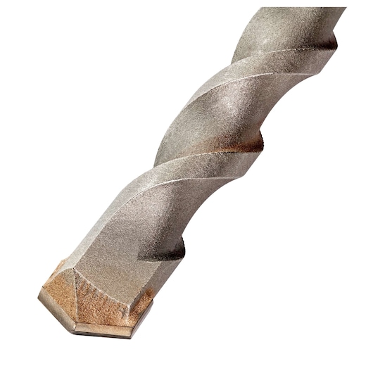 Close-up image of a DEWALT masonry drill bit with a spiral design and a carbide tip, used for drilling into concrete or stone.