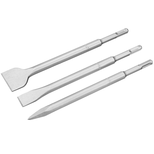 Three silver DEWALT chisel bits with SDS-plus shanks for use in demolition and masonry work.