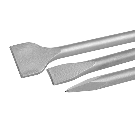 Three steel chisel bits with different blade shapes for use with power tools, shown on a white background.