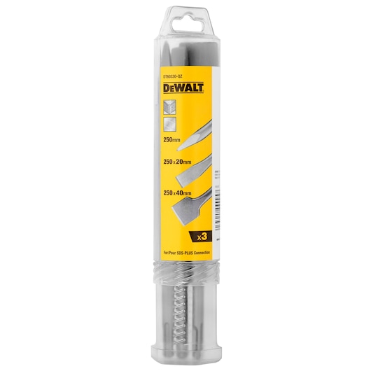 DEWALT DT60330 pack with three SDS-PLUS chisel bits for masonry, sizes 250mm, 250x20mm, and 250x40mm.