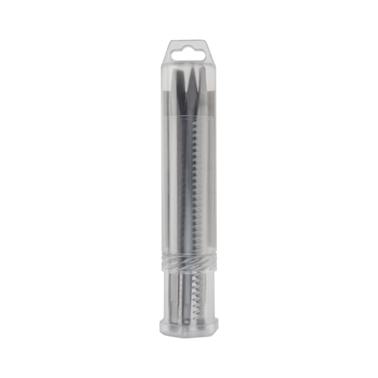 Plastic case containing metal drill bits, shown upright on a white background.