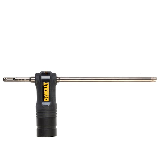 DEWALT drill attachment with long metal bit, black handle and yellow branding, isolated on white background.