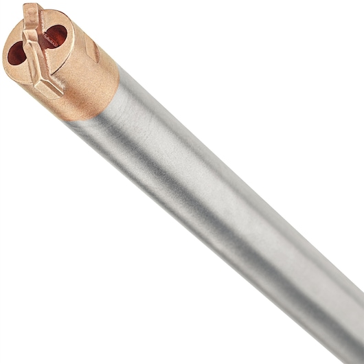 Close-up of a DEWALT metal drill bit with a copper tip, designed for precision drilling tasks.