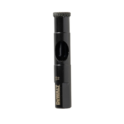 A DEWALT diamond hole saw drill bit, model DT6041, with a cylindrical black body and a textured cutting edge. The DEWALT logo and sizing information are printed on the side.