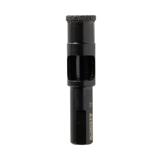 DEWALT DT6042 black cylindrical drill bit with grit-coated tip, shown upright on white background.