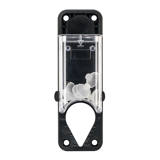 A DEWALT DT6047 dispenser unit designed for holding and dispensing earplugs. The container is made of transparent plastic and black material, with earplugs visible inside.