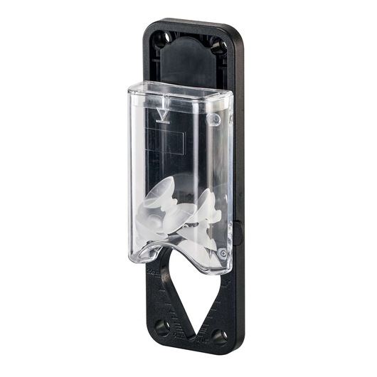 A DEWALT wall-mounted plastic dispenser containing white earplugs, shown with a transparent cover and black frame.