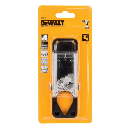 Packaged DEWALT DT6047 wall plug set in a yellow blister pack, containing wall plugs and a mounting accessory for use with drills.